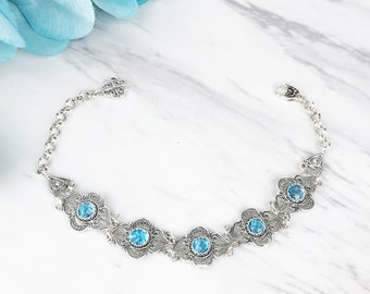 Natural Swiss Blue Topaz Sterling Silver Adjustable Bracelet Sizes P S M L Handmade Genuine Gemstone Artisan Filigree Women Jewelry Gift