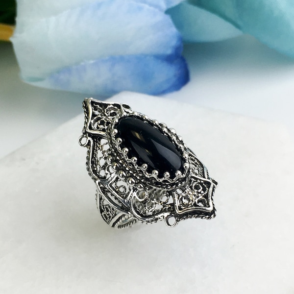 Genuine Onyx Silver Ring, Women 925 Sterling Silver Artisan Handcrafted Filigree Oval Exceptional  Statement Cocktail Ring Boxed