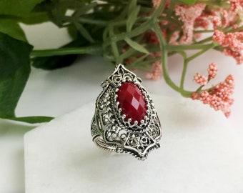 Genuine Ruby Corundum Silver Ring, Women 925 Sterling Silver Artisan Handcrafted Filigree Oval Exceptional  Statement Cocktail Ring Boxed