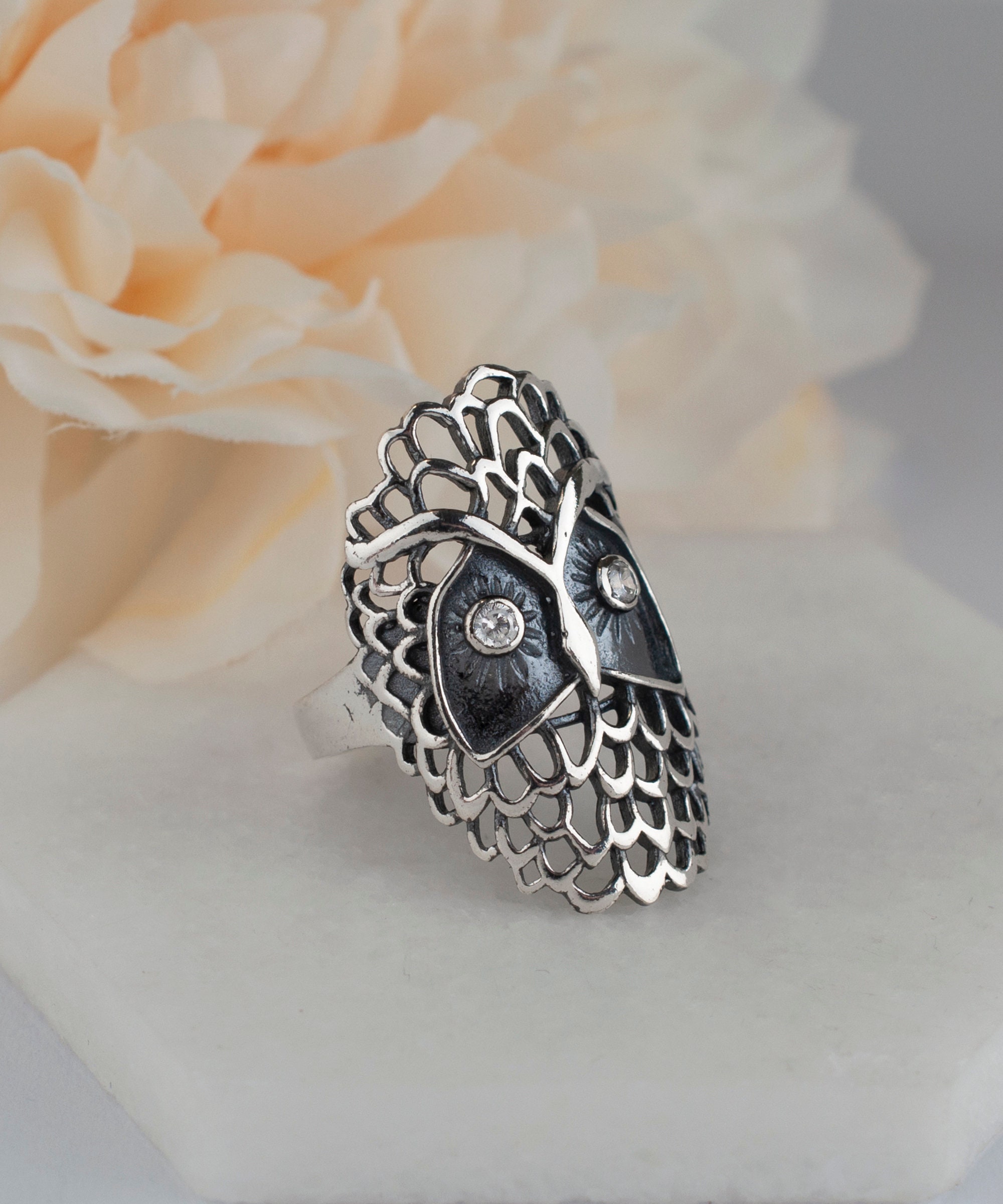 Vintage Wise Owl Statement Metal Ring With Diamante and Black 