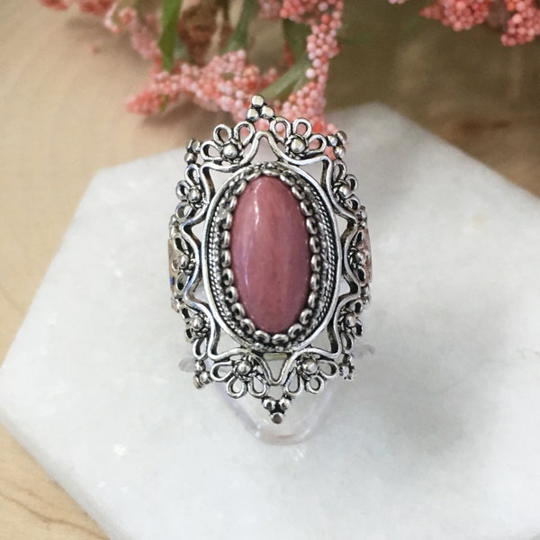 Natural Pink Rhodonite Ring 925 Sterling Silver Genuine Gemstone Handmade Artisan Crafted Filigree Statement Ring Women Jewelry Gift Boxed