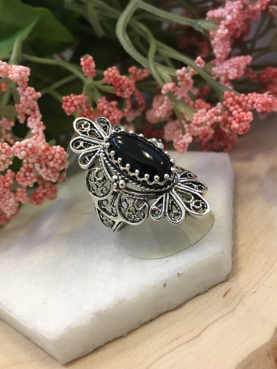 Onyx Silver Ring,925 Sterling Silver Genuine Black Onyx Gemstone Artisan  Crafted Filigree Elongated Statement Ring Women Jewelry Gift Boxed - Etsy