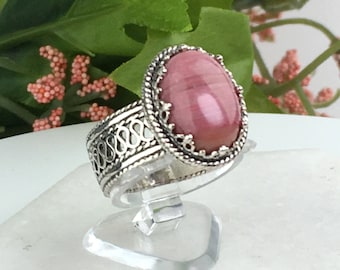 Natural Pink Rhodonite Silver Ring, 925 Sterling Silver Authentic Genuine Rhodonite Artisan Crafted Special Ring, Size 4 1/2-12 Gift Boxed