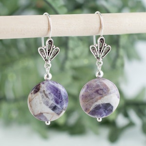 Natural Purple Jasper Silver Beaded Dangle Earrings,Genuine Purple Jasper Stone Sterling Silver Circle Earrings,Valentine Gift Boxed for Her