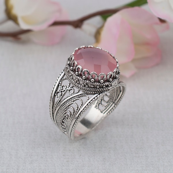 Pink Chalcedony Ring 925 Sterling Silver Genuine Gemstone Half Sizes Handmade Artisan Crafted Filigree Oval Women Jewelry Gift Boxed for Her