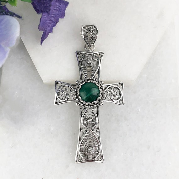 Turquoise Center Cross Pendant Handmade in Bali Sterling Silver with Oxidized Finish, Pendant Only Turquoise Center Cross Pendant Handmade in Bali Sterling Silver with Oxidized Finish, Pendant Only