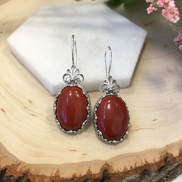 Natural Red Jasper Silver Drop Earrings, Women 925 Sterling Silver Genuine Red Jasper Artisan Crafted Oval Drop Earrings Gifts Boxed for Her