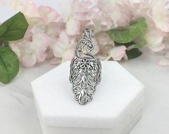 Handmade Silver Peacock Ring, 925 Sterling Silver Handmade Artisan Filigree Big Bold Statement Peacock Ring Women Jewelry Gift Boxed for Her