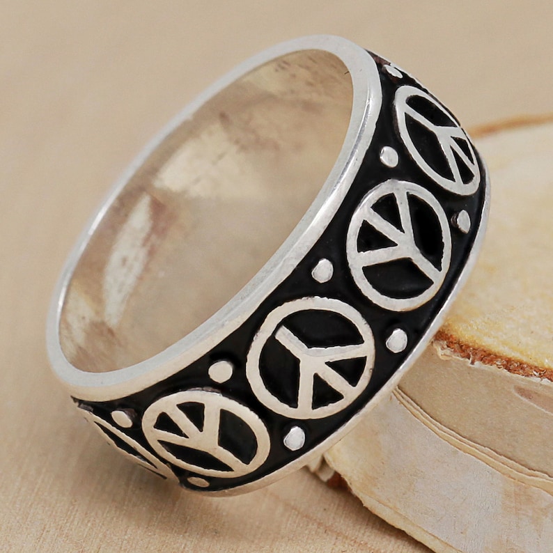 Peace Sign Solid Sterling Silver Band Ring 925 Sterling Etsy