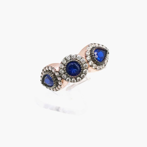 Sapphire Silver Ring, 925 Sterling Designer Lab Created Sapphire & CZ Rose Gold Plated  Rare Glamorous Ring Best Friends Mother's Gift Boxed
