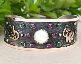 Silver Cuff Bracelet,925 Sterling Mother Of Pearl Ruby Green Corundum Gemstones Artisan Crafted, Blackened Silver Adjustable Cuff Gift Boxed