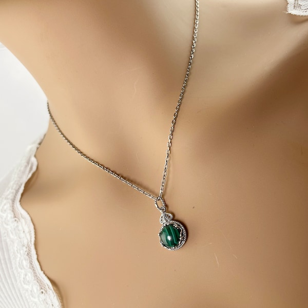 Malachite Silver Necklace Boucles d'oreilles Mini Set 925 Sterling, Dangle Boucles d'oreilles, Pendentif Collier Set, Natural Malachite Women Jewelry Gift boxed