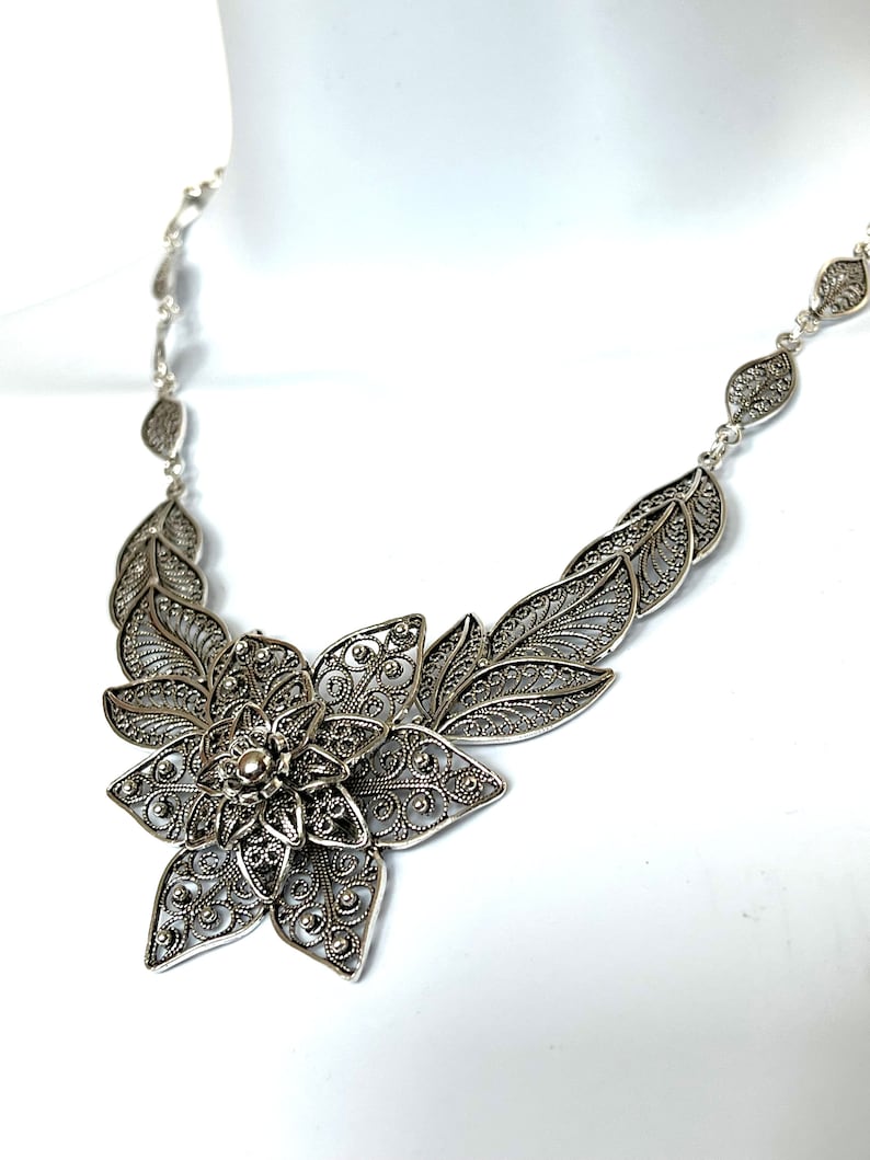 Handmade Silver Necklace, 925 Sterling Silver Artisan Crafted DGS Ornate Filigree Flower Statement Necklace Women Jewelry Gift Boxed for Her image 4