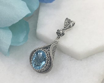 Blue Topaz Silver Pendant, 925 Sterling Silver Natural Genuine Blue Topaz Gemstone Handmade Filigree Conical Pendant Women Jewelry Gift