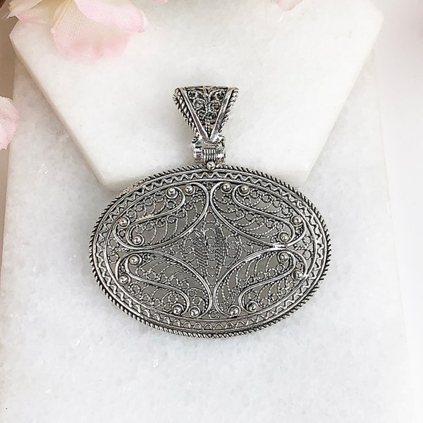 Handgemachter Silber Anhänger, Massiv 925 Sterling Silber Handgemacht Artisan Filigran Oval Groß Statement Anhänger Frauen Schmuck Geschenk Boxed für Sie