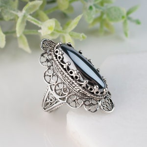 Hematite Silver Ring, 925 Sterling Silver Genuine Gray Hematite Gemstone Oval Statement Ring Women Hematite Jewelry Gifts Boxed for Her image 10