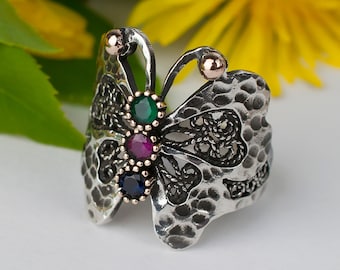 Silver Butterfly Ring, Blackened Sterling Silver Red Ruby Blue Green Sapphire Corundum Hammered Wrap Around Monarch Butterfly Ring Jewelry