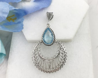 Natural Swiss Blue Topaz Silver Pendant,925 Sterling Silver Genuine Blue Topaz Gemstone Handmade Artisan Filigree Pendant Women Jewelry Gift