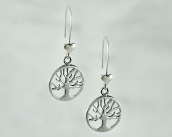 Tree of Life 925 Sterling Silver Dangle Drop Charm Earrings, Family Tree Earrings Silver Circle of Life Earrings, Tree Jewelry Gift Boxed