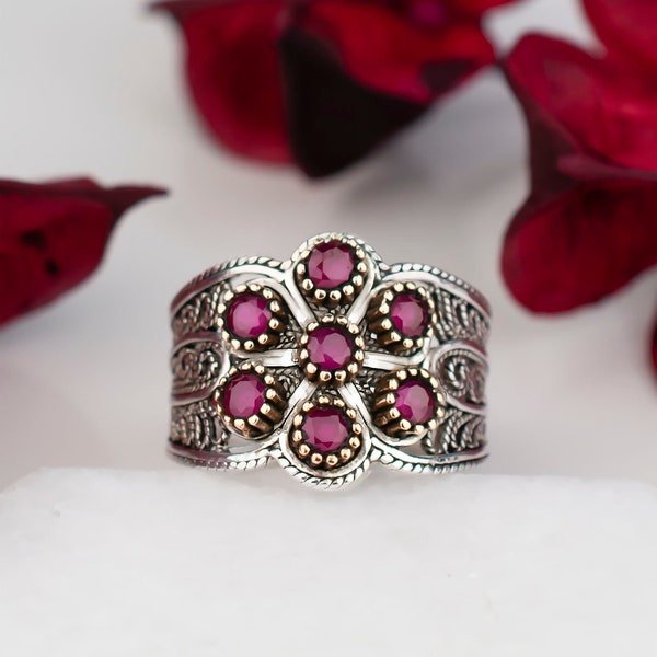 Ruby silver ring,925 sterling silver opaque ruby red corundum artisan crafted multi stone cluster band ring women jewelry gift boxed for her