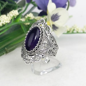 Natural Amethyst Silver Ring, 925 Sterling Silver Genuine Purple Amethyst Handmade Artisan Crafted Filigree Oval Statement Ring Jewelry Gift