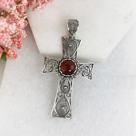 Natural Carnelian Silver Cross Pendant 925 Sterling Silver Carnelian Handmade Artisan Filigree Cross Religious Christian Jewelry Gifts Boxed