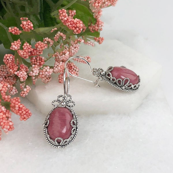 Natural Pink Rhodonite Earrings Sterling Silver Genuine Gemstone Handmade Ornate Artisan Crafted Filigree Women Jewelry Gift Boxed for Her