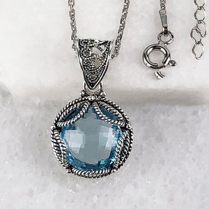 Natural Swiss Blue Topaz Pendant with Silver Chain 925 Sterling Silver Genuine Gemstone Handmade Filigree Necklace Women Jewelry Gifts Boxed