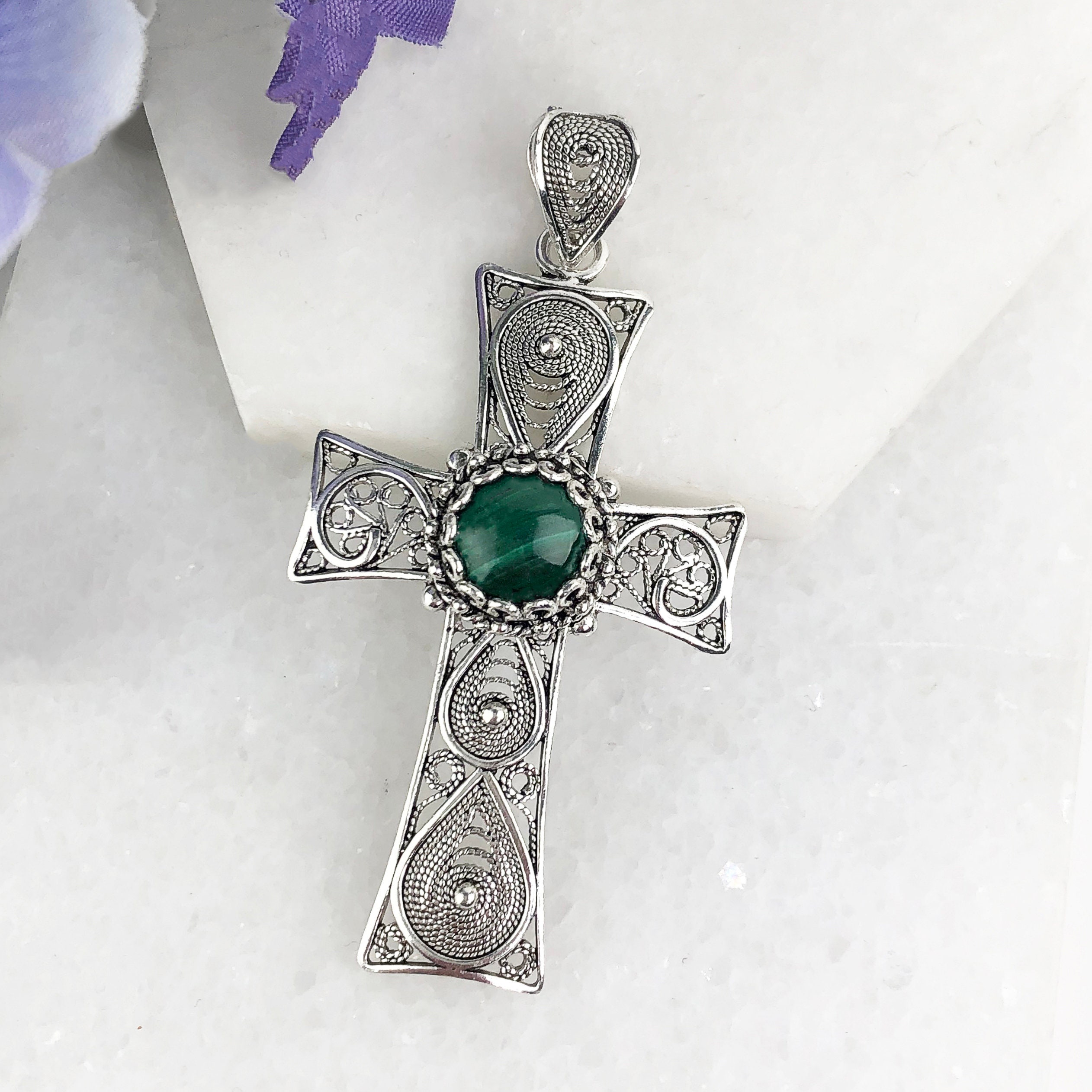 Turquoise Center Cross Pendant Handmade in Bali Sterling Silver with Oxidized Finish, Pendant Only Turquoise Center Cross Pendant Handmade in Bali Sterling Silver with Oxidized Finish, Pendant Only