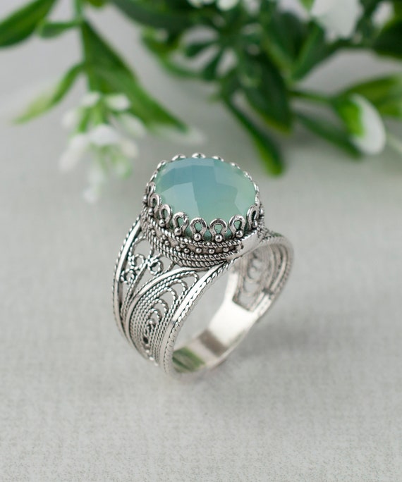 Aqua Blue Chalcedony Ring 925 Sterling Silver Genuine Gemstone Half Sizes Handmade Artisan Crafted Filigree Oval Women Jewelry Boxed for Her Etsy