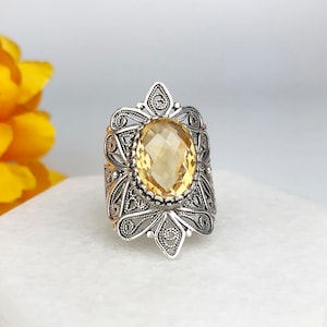 Natural Citrine Silver Ring, Sterling Silver Genuine Natural Citrine Gemstone Handmade Artisan Filigree Statement Ring Women Jewelry Gifts