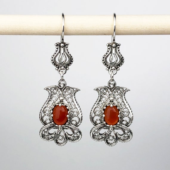 Sterling Silver Filigree Genuine Garnet Dangle Earrings Sterling Silver Filigree Genuine Garnet Dangle Earrings