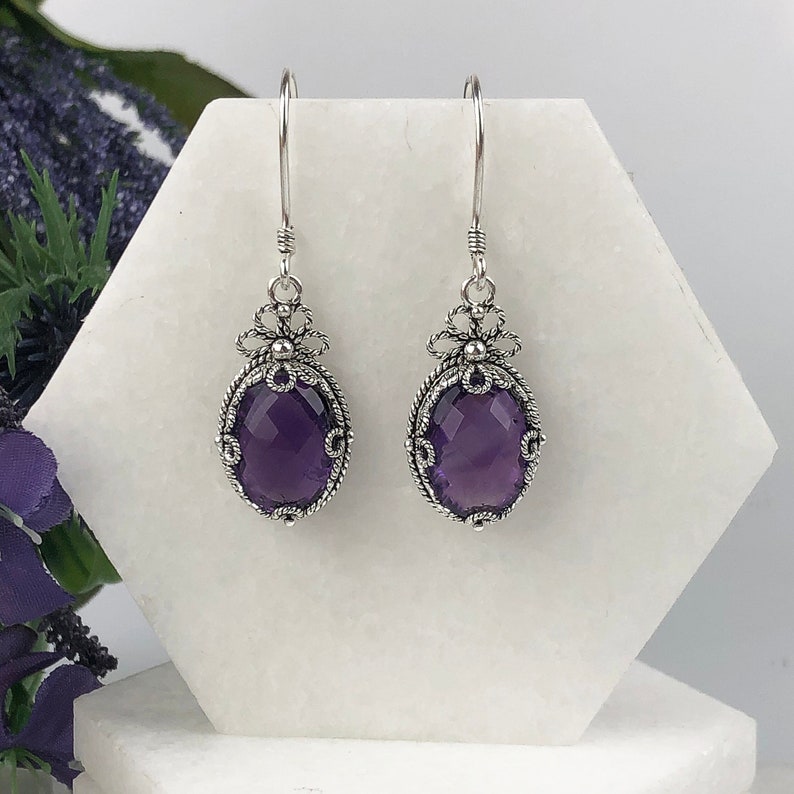 Boucles d'oreilles pendantes en argent améthyste violette naturelle, boucles d'oreilles pendantes artisanales en argent sterling améthyste violette véritable, cadeaux bijoux image 6
