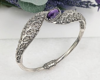 Natural Amethyst Silver Cuff Bracelet,925 Sterling Silver Genuine Purple Amethyst Gemstone Artisan Crafted Hinged Cuff Bracelet Jewelry Gift