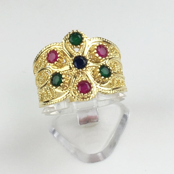 Multicolor Gems Gold Plated Silver Ring/925 Sterling/Opaque Ruby, Sapphire Emerald/Seven Stone Artisan Cluster Ring/Women Jewelry Gift Boxed