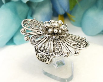 Elongated Blossoming  Silver Ring 925 Sterling Silver Artisan Crafted Filigree Blossoming Flower Ornate Ring Women Jewelry Gift Box for Her