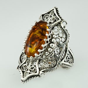 Natural Amber Silver Ring, Women 925 Sterling Silver Genuine Authentic Amber Artisan Crafted Filigree Oval Cocktail Statement Ring Boxed