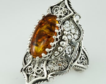 Natural Amber Silver Ring, Women 925 Sterling Silver Genuine Authentic Amber Artisan Crafted Filigree Oval Cocktail Statement Ring Boxed