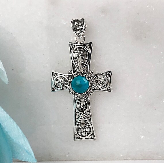 Genuine Turquoise Silver Cross Pendant 925 Sterling Silver