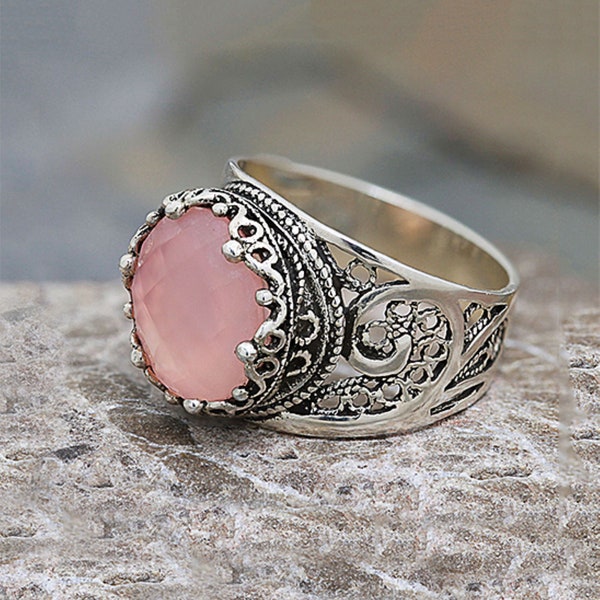 Genuine Pink Chalcedony Gemstone 925 Sterling Silver Ring Handmade Artisan Crafted Filigree Paisley Women Ring Jewelry Gifts Boxed for Her