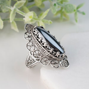 Hematite Silver Ring, 925 Sterling Silver Genuine Gray Hematite Gemstone Oval Statement Ring Women Hematite Jewelry Gifts Boxed for Her image 7