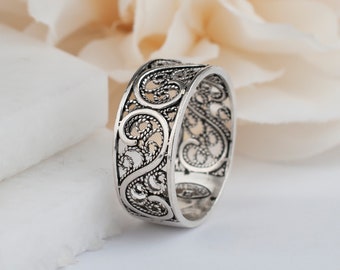 925 Sterling Silver Handmade Artisan Crafted Filigree Paisley Band Ring Women Men Unisex Jewelry Gift Boxed 8 mm wide Sizes 5-12