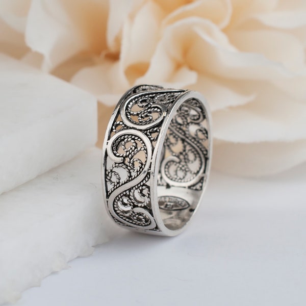 925 Sterling Silver Handmade Artisan Crafted Filigree Paisley Band Ring Women Men Unisex Jewelry Gift Boxed 8 mm wide Sizes 5-12