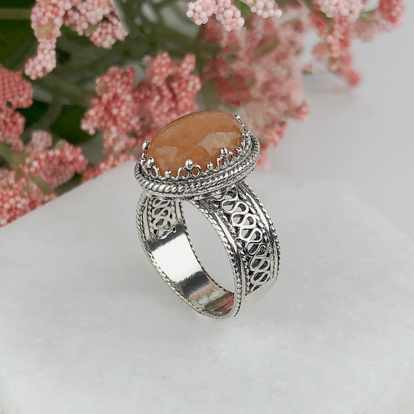 Stone of Prosperity Natural Peach Aventurine Silver Ring, 925 Sterling Silver Genuine Peach Aventurine Artisan Crafted Filigree Oval Ring