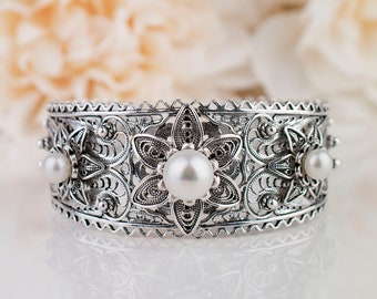 Pearl Silver Cuff Bracelet, 925 Sterling Silver Natural White Pearl Artisan Filigree Adjustable Cuff Bracelet Women Jewelry Gifts P/S or M/L