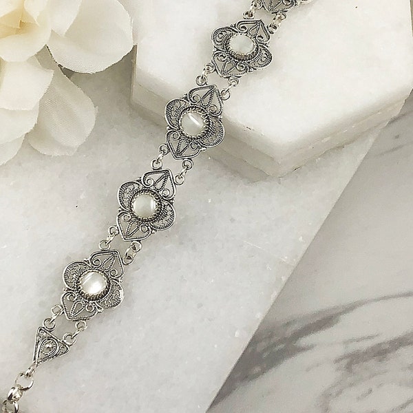 Natural Mother of Pearl Bracelet 925 Sterling Silver Genuine Gemstones Sizes P S M L Handmade Artisan Filigree Adjustable Women Jewelry Gift