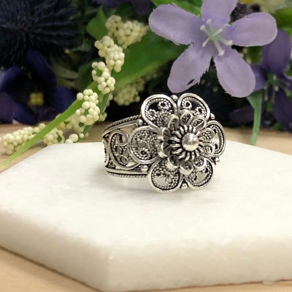 Daisy Flower Silver Ring,925 Sterling Silver Handmade Artisan Crafted Filigree Floral Ornate Statement Ring Women Jewelry Gift Boxed for Her