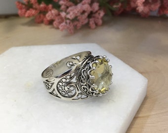 Lemon Quartz Ring,925 Sterling Silver Genuine Yellow Lemon Quartz Gemstone Handmade Artisan Crafted Ornate Filigree Ring Jewelry Gift Boxed