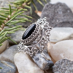 Black Onyx Silver Ring,925 Sterling Silver Genuine Onyx Artisan Crafted Filigree Cocktail Statement Ring Women Jewelry Gifts Boxed for Her