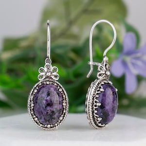 Purple Charoite Earrings, Solid 925 Sterling Silver Natural Purple Charoite Gemstones Artisan Oval Drop Earrings Women Jewelry Gift for Her